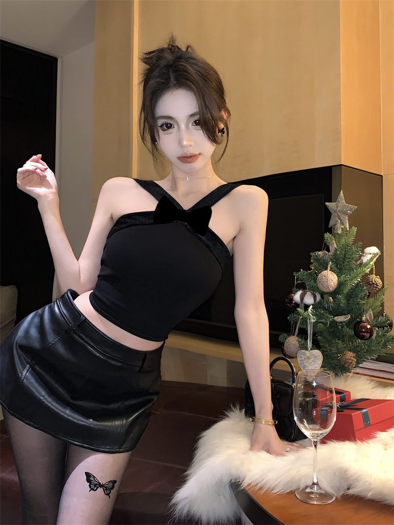 Sexy winter velvet short base body-friendly top with cups with bow