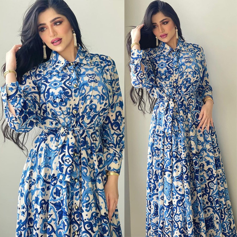 European and American Cross-Border Amazon Autumn Women's Fashion Printed Elegant Flared Shirt Tie Dress Southeast Asia