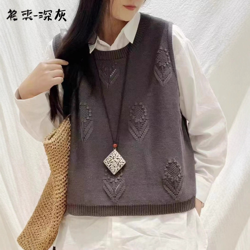 早秋新品文艺针织镂空提花背心女圆领宽松无袖套头外搭马甲|undefined