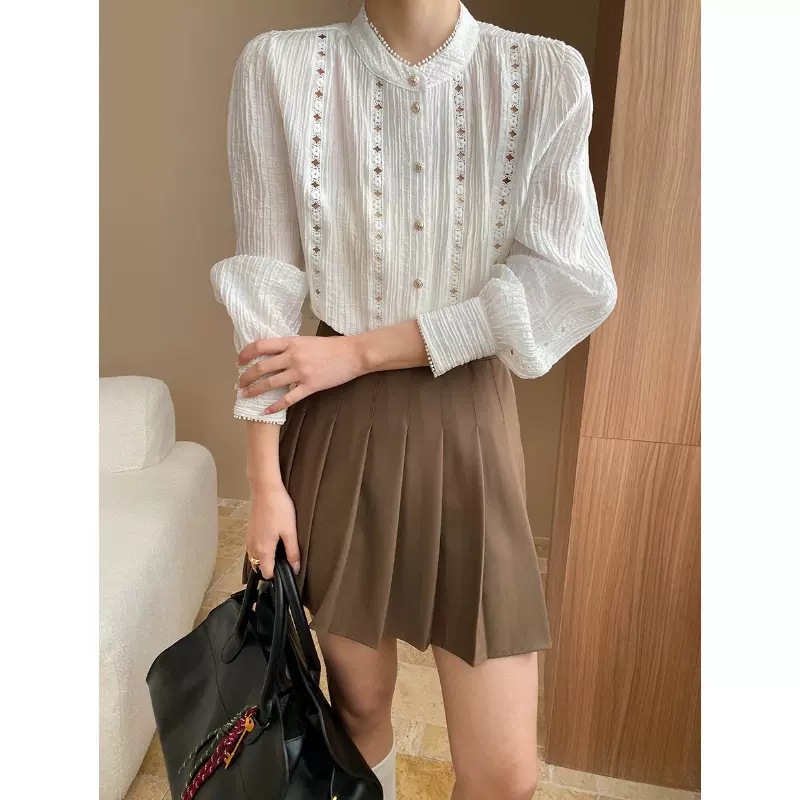 司南 小众设计感 法式复古镂空刺绣小立领灯笼袖长袖衬衫 SN7153