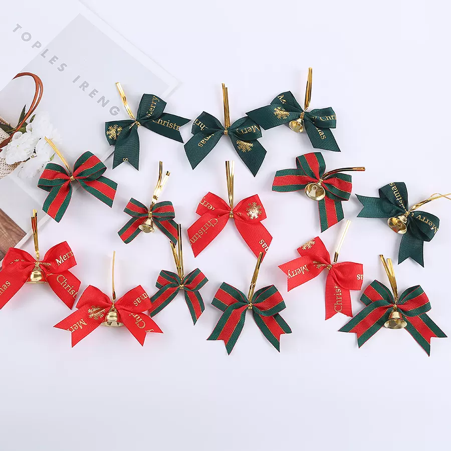 圣诞蝴蝶结织带装饰 手工扎丝绑带铃铛蝴蝶结烫金印刷织带DIY现货
