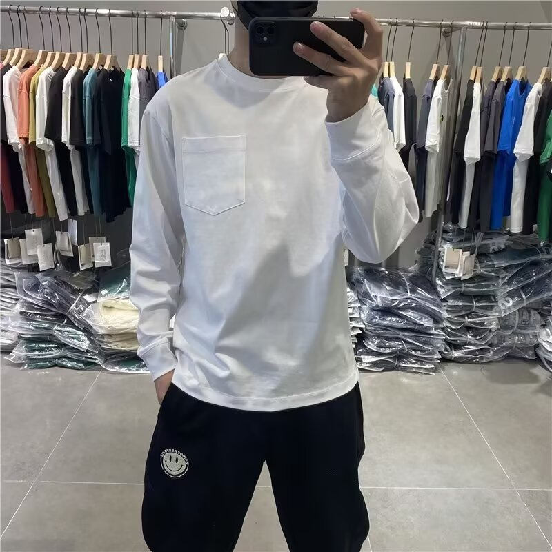 Spring Men's Fashion Simple Casual Pocket Round Neck Long Sleeve T-Shirt Korean Version Slim Base Shirt Top T-Shirt Trendy Brand Spring Men's Fashion Simple Casual Pocket Round Neck Long Sleeve T-Shirt Korean Version Slim Base Shirt Top T-Shirt Trendy Brand