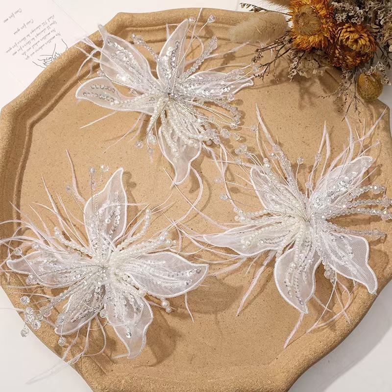 仙美純欲の白いレースの羽の真珠の水晶の花のdiyは糸の花の頭をねじって飾ります。|undefined