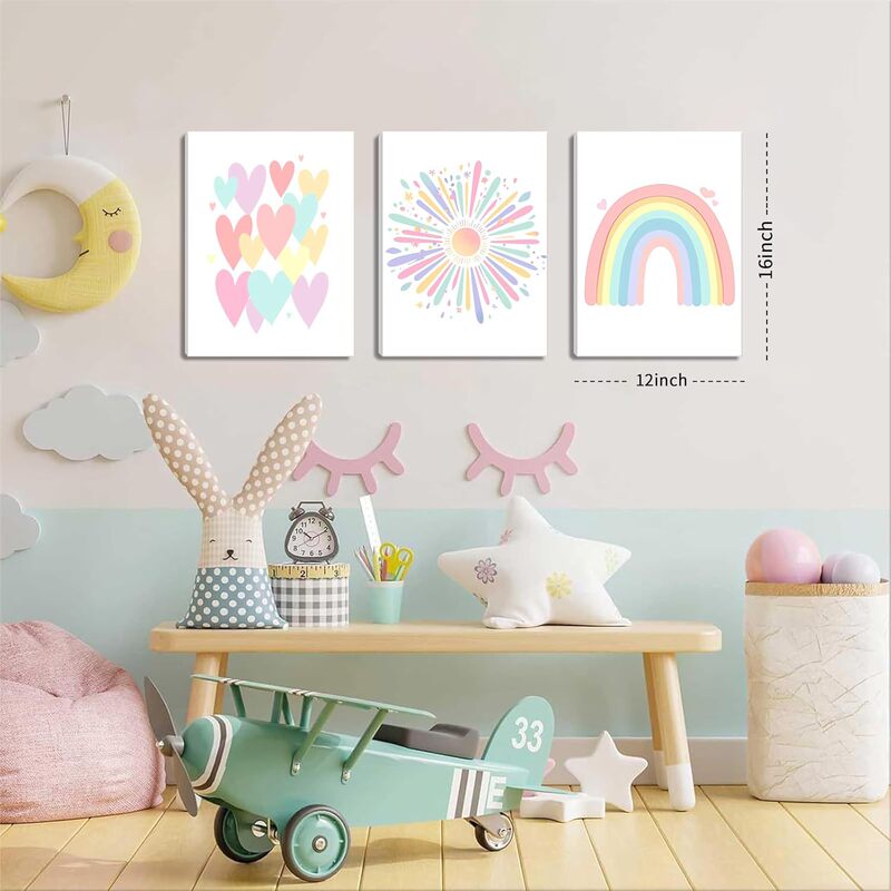 Rainbow Canvas Wall Art Colorful Bohemian Sun Nursery Wall Decoration Painting, Children's Heart-Shaped Picture