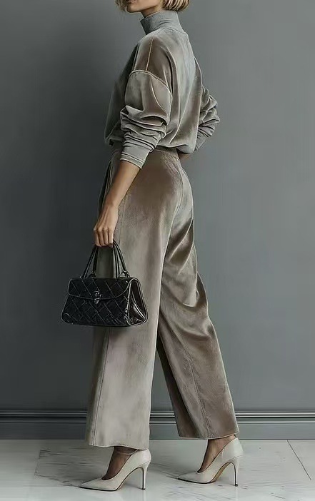 Damen Strick Zweiteiler Set Langarm Oberteil Und Weite Hose_voghion.com