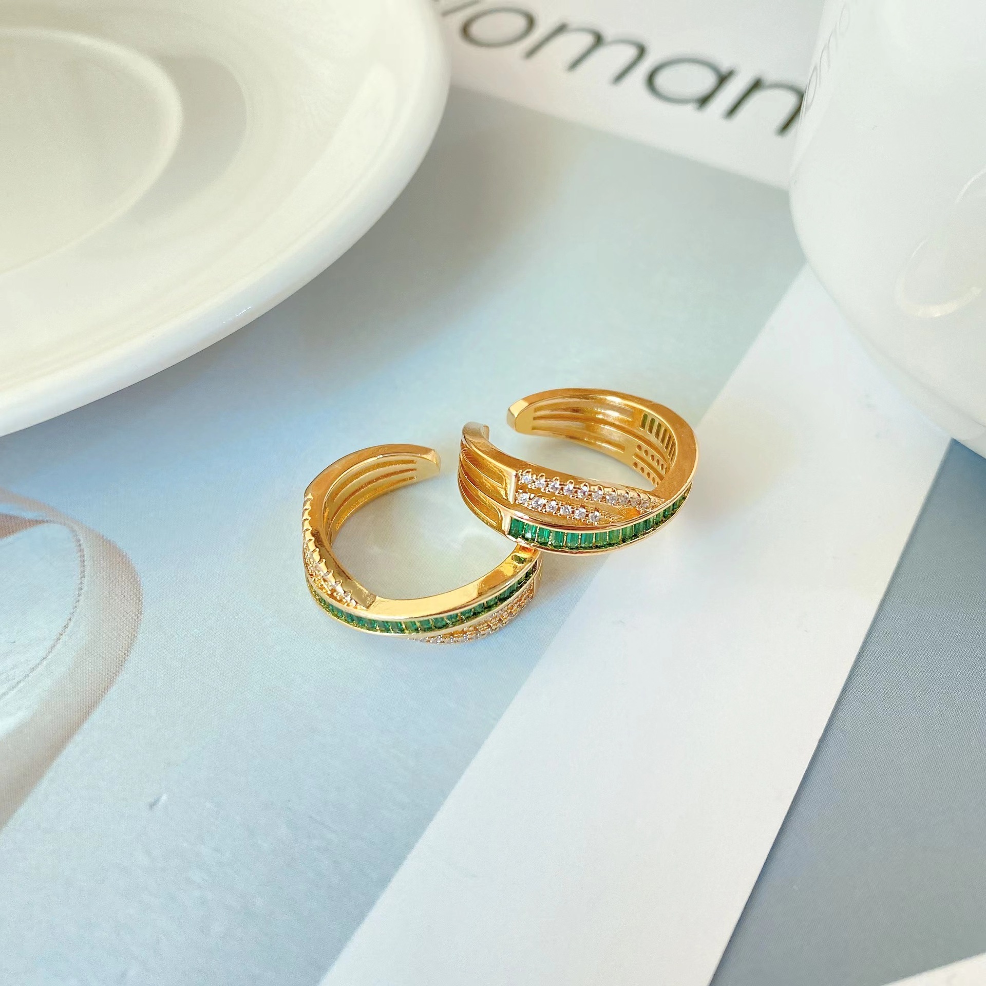 new copper plated 18k gold personality micro diamond small open ring