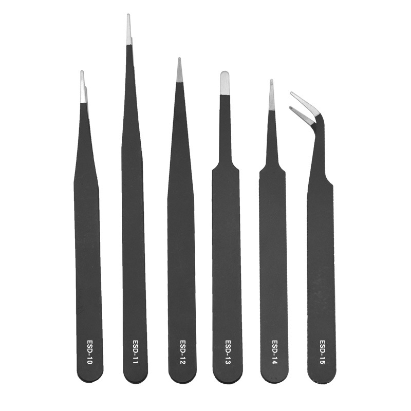 Pinzas de 6 piezas Traje de acero inoxidable de 6 piezas ESD codo puntiagudo negro herramienta de reparación de desmontaje pegatina de uñas clip de taladro