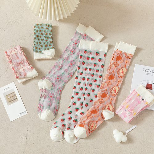 Socks for women ins trendy thin calf socks net celebrity jk strawberry transparent glass crystal cassette knee-high stockings