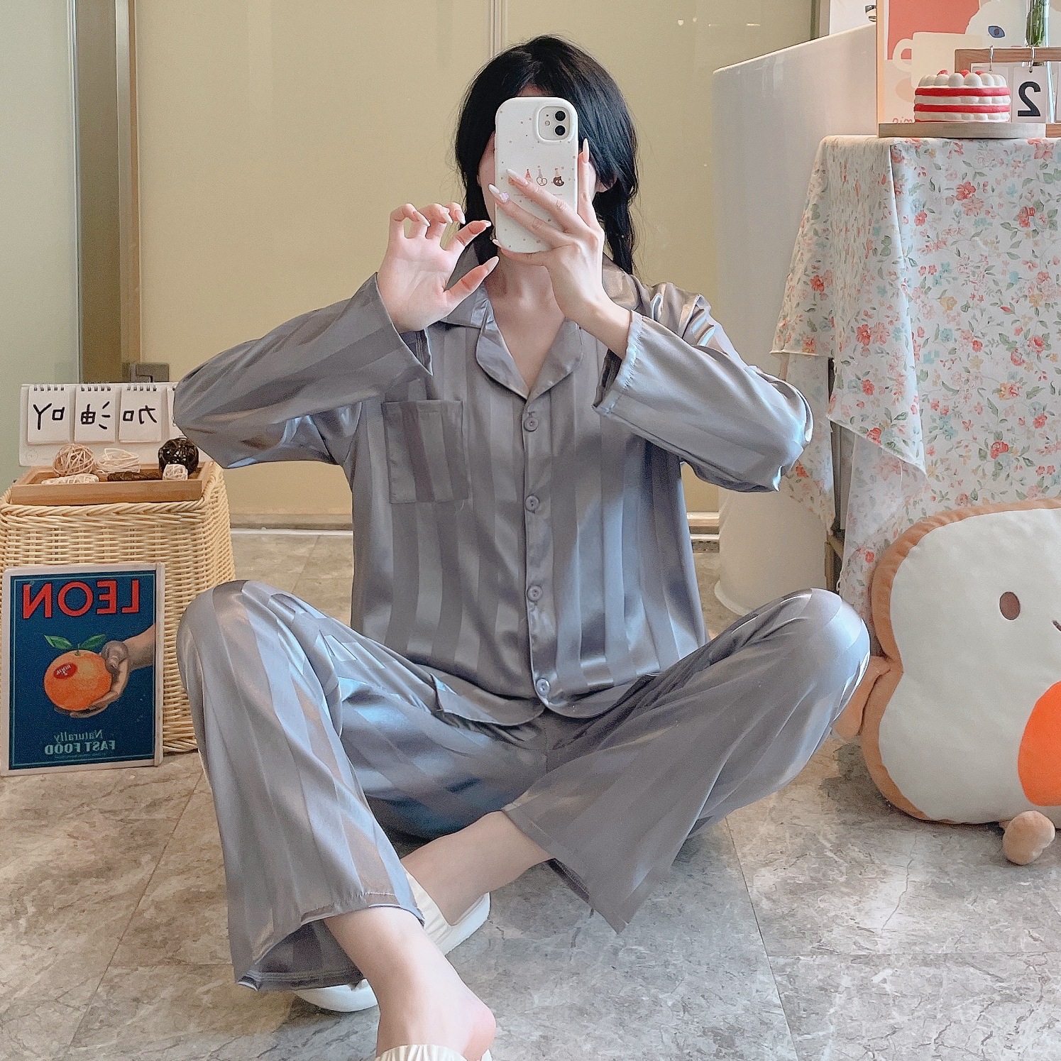 Cross-Border New Imitation Silk 2025 Foreign Trade Women's Pajamas Spring and Autumn Turn-Down Collar Loungewear Striped Set Long-Sleeve Long Pants