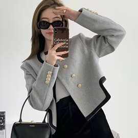 灰色不规则小香风外套女2026春季新款法式高级感短款毛呢西装上衣