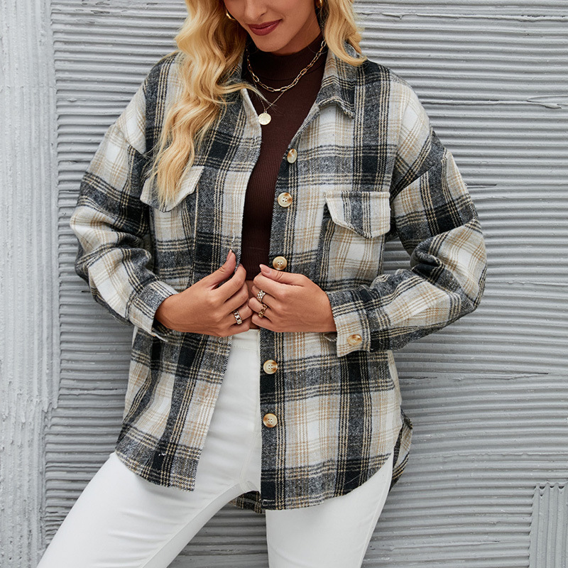 Real Shot of 2023 Hot Selling Autumn and Winter New European and American Long Sleeved Loose Plaid Woolen Jacket for Women_voghion.com