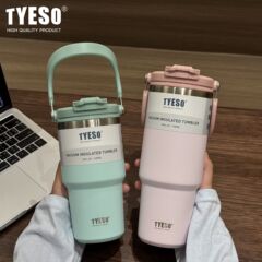 TYESO Taishuo ポータブルアイスバーカーカップ車のコーヒーカップステンレス鋼大容量ダブルドリンク断熱スポーツポット