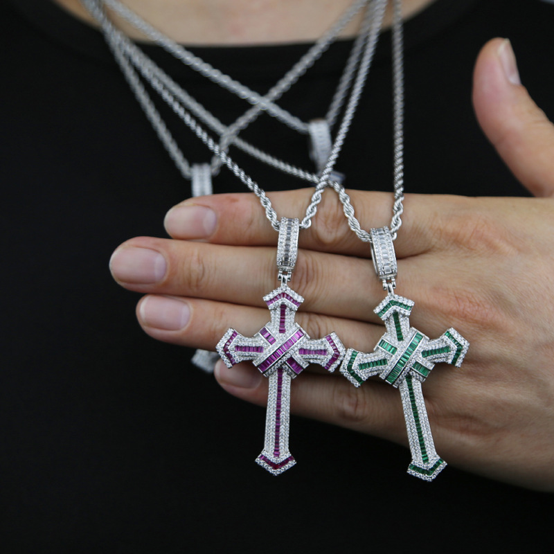 Cross Pattern Hip-Hop Cross Copper Inlay Zircon Men's Pendant Necklace