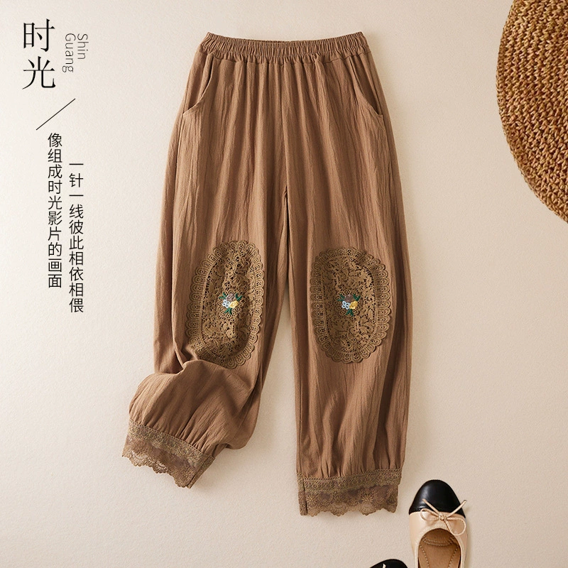 2025 новые женские брюки из хлопка и льна в ретро-стиле, свободные с кружевными вставками, ажурные цветочные льняные брюки с девятью точками, прямые