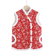 秋冬款蚕丝棉斜边盘扣坎肩中国风复古花色马甲时尚毛绒滚边女上衣