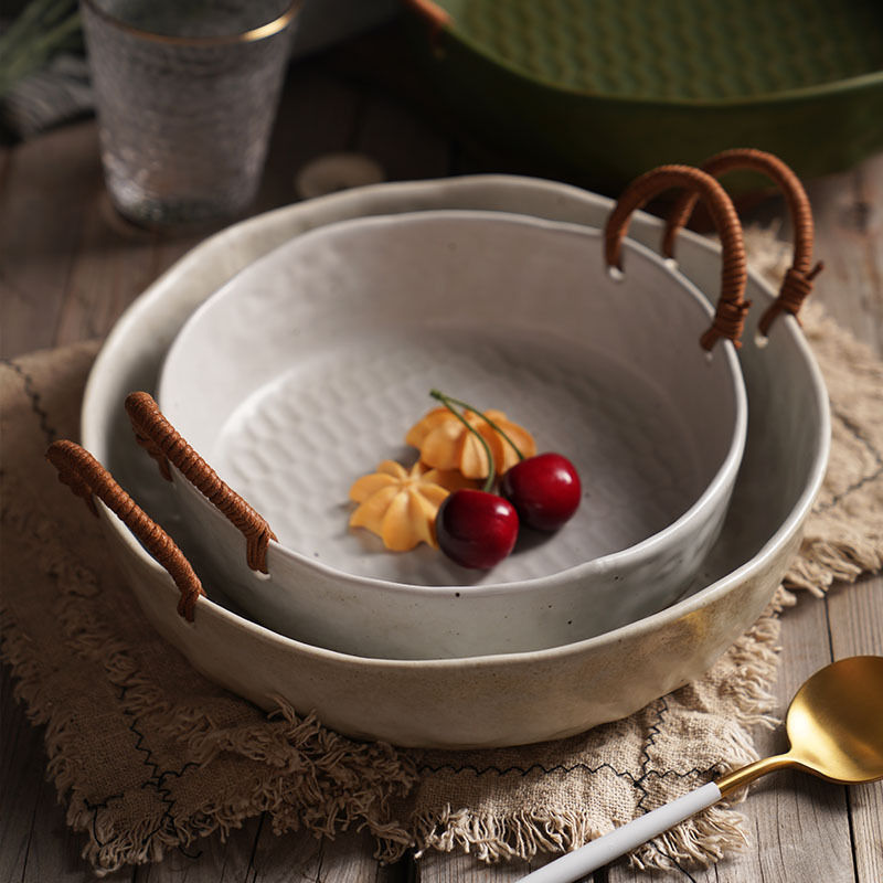 Internet-famous Japanese-style Rope-braided Vegetable and Fruit Plate Basket Handmade Creative Large-size Ceramic Binaural Deep Plate Coarse Pottery Vintage Tableware