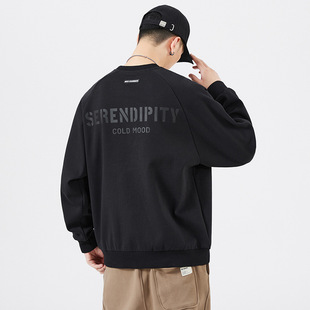 Autumn New American-style Heavy-weight Sweat Men's Loose plus size Black Printed Long-sleeved Round Neck Top for Youth Trendy Brand