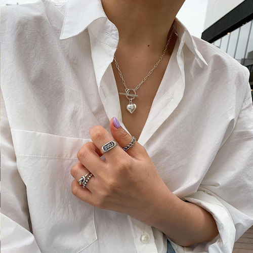 Korean Version 925 Silver 3D Heart OT Pendant Necklace for Women, Retro Fashion, Elegant Hip-Hop Peach Heart Clavicle Chain, Literary Trend