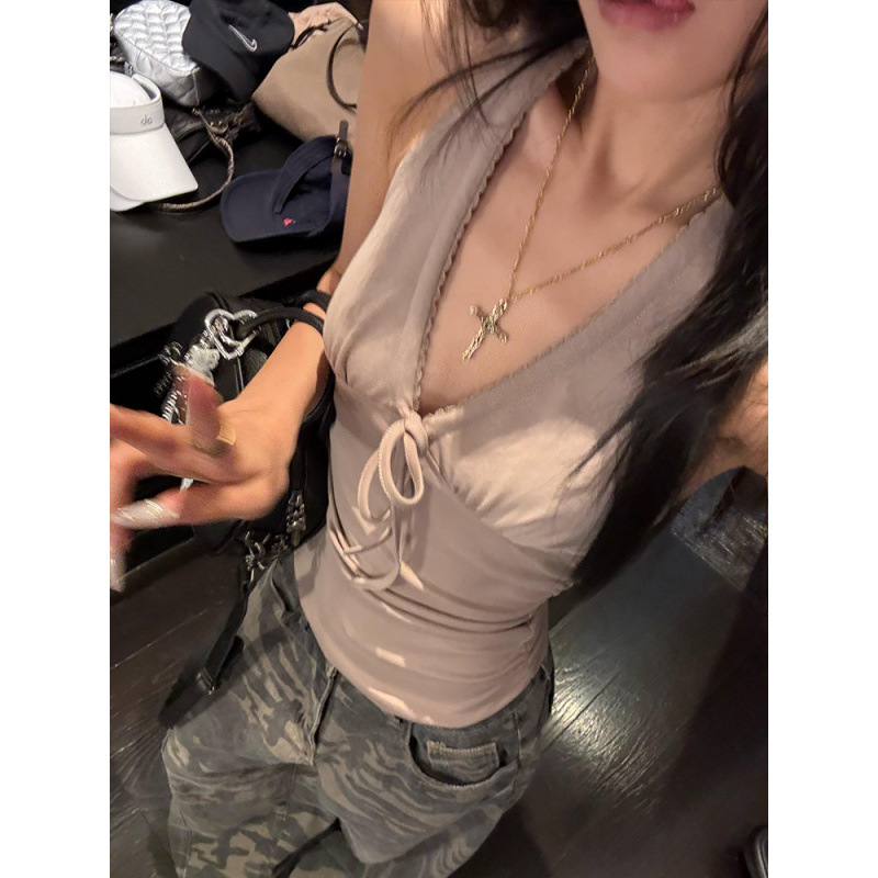 [210g 40 Count Fine Cotton 1*1] Hot Girl Style Lace-Up Halterneck Vest Suspender Women's Summer Waist Slimming Look Top