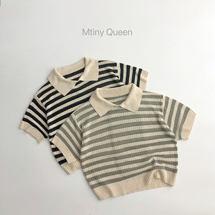 Shout cool ~ texture ~ spring and summer Japanese and Korean children's hollow knitwear Western style men's and women's tide treasure striped short sleeve T-shirt
