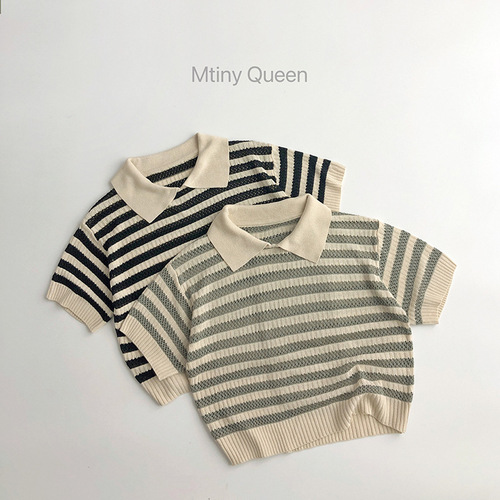 How cool ~ texture ~ spring and summer Korean children's hollow knitted sweaters, fashionable men's and women's trendy striped short-sleeved T-shirts