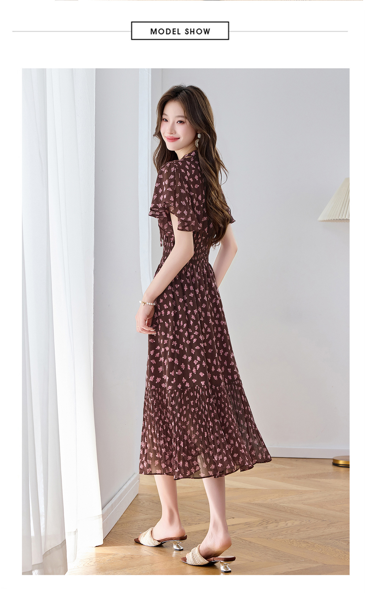 Đầm maxi nữ họa tiết hoa nhí thắt eo dáng chữ A dài quá gối — màu đen, màu hồng chi tiết 11