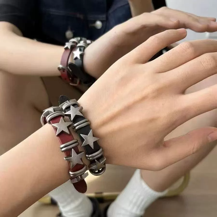 Европейская и американская ретро мягкая кожа звезды кожаный браслет браслет с регулируемыми заклепками