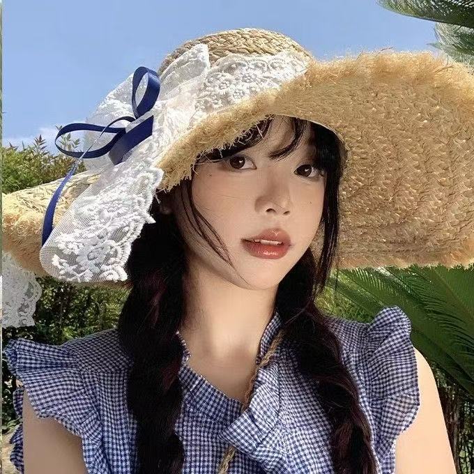 Ins Lace Bow Raffia Hat Women's Summer Travel Vacation Large Brim Sun Hat Sweet Versatile Sun Protection Hat