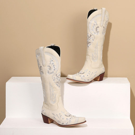 40-43 Foreign Trade Cross-border Large Size Women's Boots Embroidered Rhinestone Thick High Heel Side Zipper High Boots Women's Boots H135
