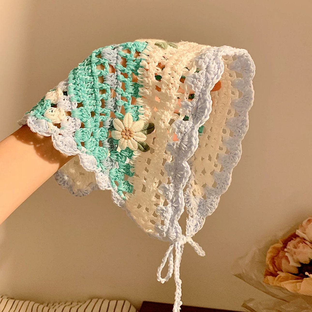 Turbante triangular de punto hueco hecho a mano mujer verano playa excursión estilo vacaciones foto diadema estilo pastoral