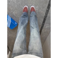 レトロウォッシュバンブーパターンジーンズメンズ夏マイクロバイブパンツアメリカンハイストリートレトロガーターストレートパンツ