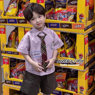 Boys College Shirt Shorts Set 2025 New Summer Children's Style Short Sleeve Korean Style Two-Piece Summer Set