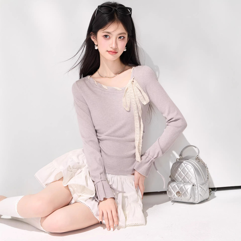Long-Sleeve T-Shirt for Women, Spring 2026 New Style, Petite Slim Fit, Regular Shoulder, Bowknot, Sweet and Pure Desire Top