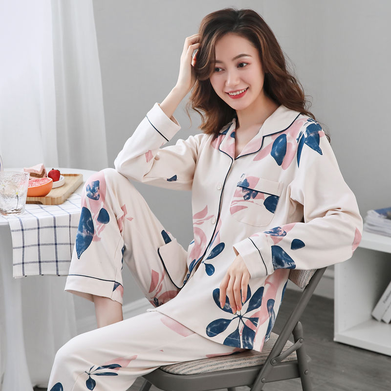 Pijamas de mujer de manga larga primavera y otoño 100% algodón estilo coreano de las mujeres más tamaño Delgado Otoño e Invierno ropa de casa traje de dos piezas