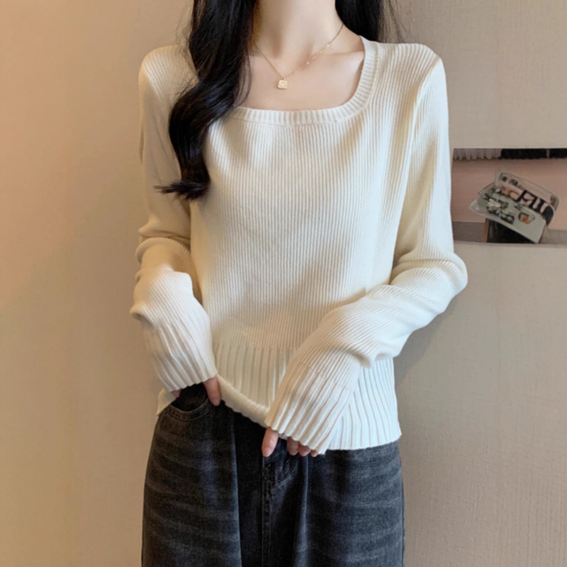 Brand Discount Women's Autumn Plus-Size Square-Neck Knit Sweater for Women, Slimming Base Layer Long-Sleeve Top