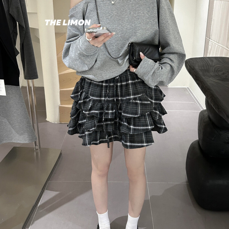 the limon柠檬绿茶2025秋季新款美式复古显瘦格纹半身裙女蛋糕裙|undefined