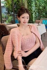 新款法式浪漫粉色镂空气质COCO巴黎甜心小香邂逅针织开衫吊带套装