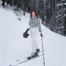 2026欧美跨境女装户外保暖高腰格纹短款滑雪外套夹棉滑雪裤两件套