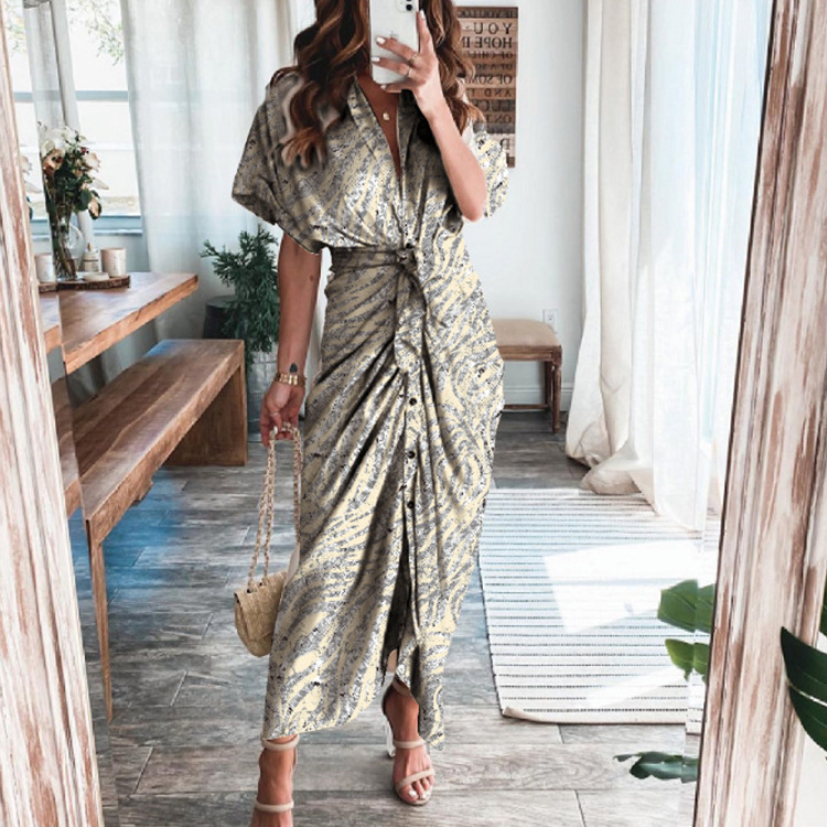 Women's Irregular Skirt Vintage Style V Neck Printing Pleated Short Sleeve Printing Maxi Long Dress Daily display picture 2