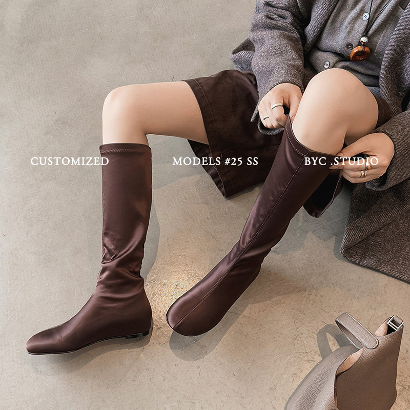 Fashionable Cartoon-Style Legs~ French-Style Silk Round-Toe Hidden Heel Elastic Sock Boots, Slimming Leg Boots, Black Long Boots for Women
