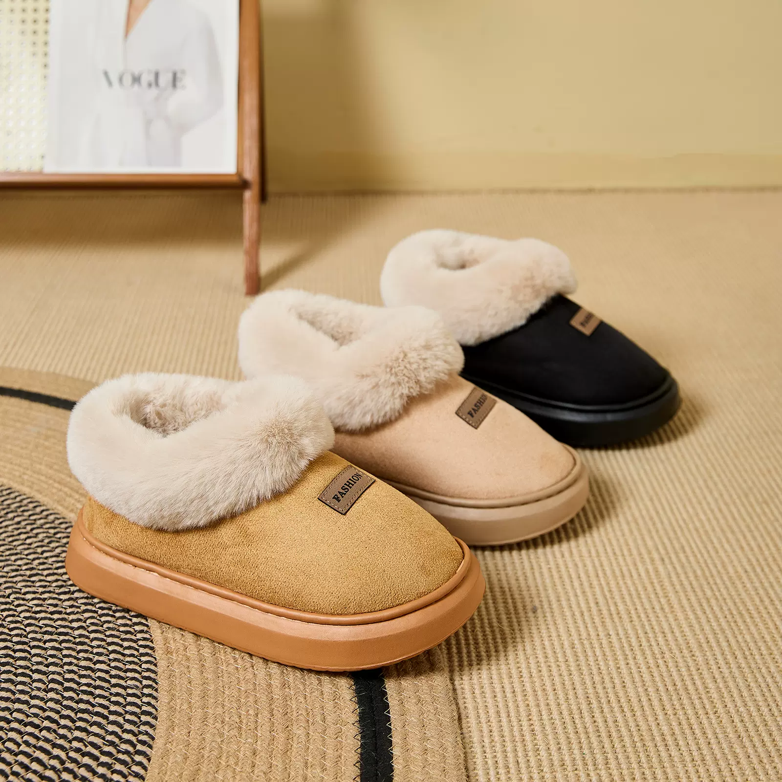 跨境外贸批发毛绒家居棉鞋包头厚底棉拖鞋全包秋冬季女防滑雪地靴