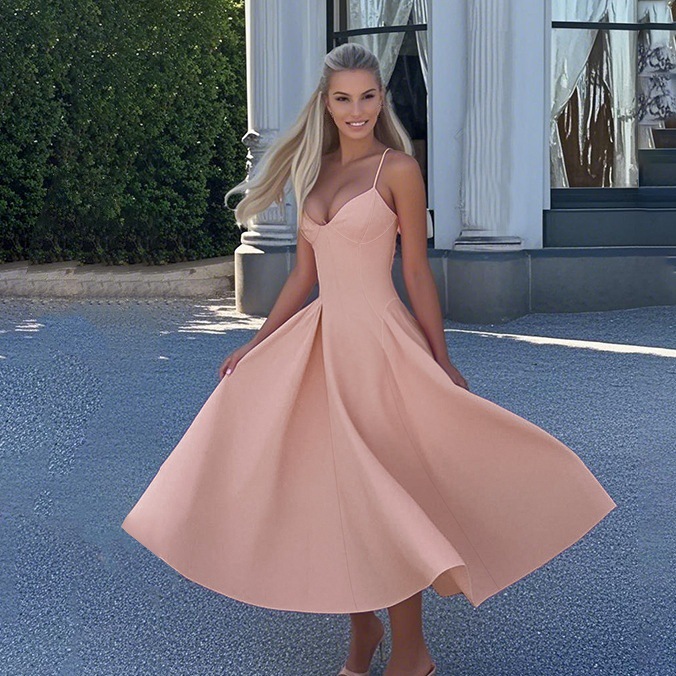 Robe élégante à bretelles et col en V pour femme – Taille haute, coupe moulante, couleur unie estivale (noir/rose, S-L)_voghion.com