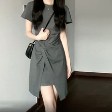 茶歇法式气质梨形身材灰色连衣裙子女装夏季2024新款小众设计短裙