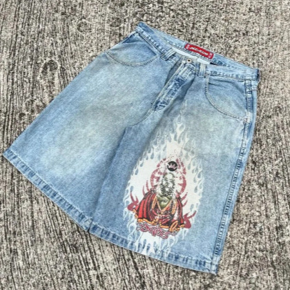 Cross-border Factory Direct JNCO Shorts Y2K Hip-hop Printed Harajuku Gothic Loose Straight Denim Shorts for Men