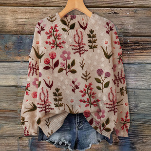 2025 Spring and Autumn New Style Belly Covering Loose Casual Literary Floral Print Long Sleeve Knitted Round Neck Top