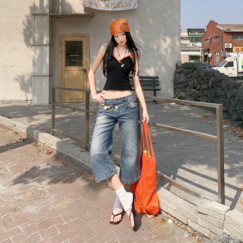 2026 Summer New Trendy American Retro Slim-Fit Low-Waist Hot Girl Women's Summer Shorts Flared Denim Mid-Length Pants
