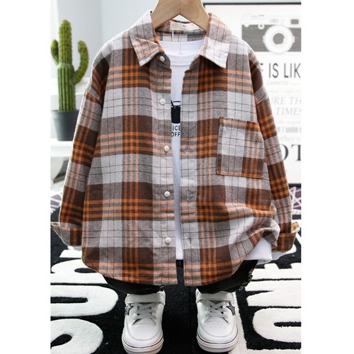 Boys' Long-Sleeve Shirt 2025 Spring and Autumn New European and American Children's Plaid Napped Collar Shirt Direct Supply One Piece Drop Shipping