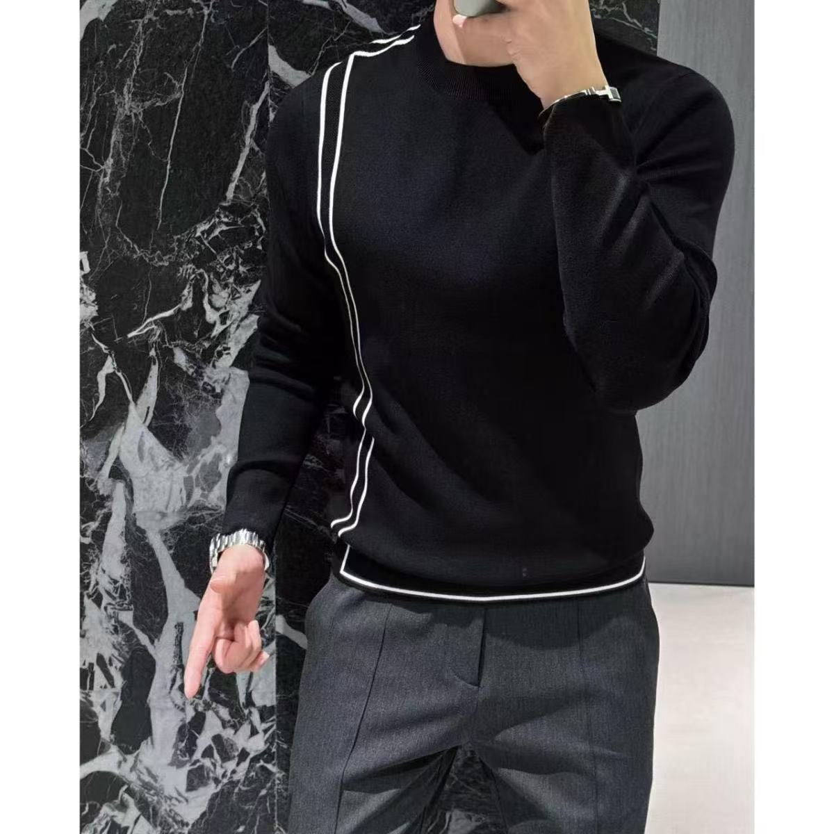 Autumn and Winter Color Contrast New Arrival Striped Light Luxury Round Neck Sweater Simple All-Match Fashion Slim-Fit Men's Sweater Long-Sleeved Trendy