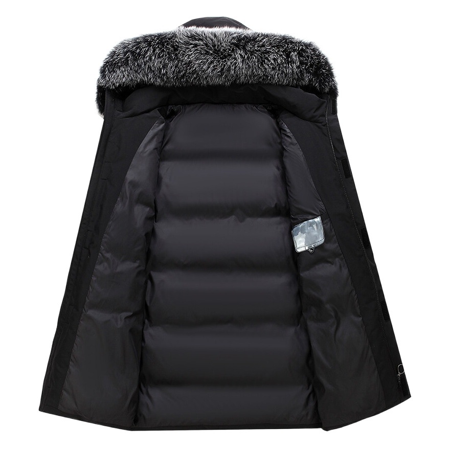 Chaqueta de abajo de los hombres jóvenes y de mediana edad chaqueta de los hombres de media longitud chaqueta de cuello de piel grande con capucha caliente resistente al frío