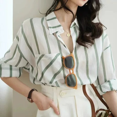 Retro versatile loose striped shirt 2025 spring and summer new design sense temperament sun protection top for women thin model